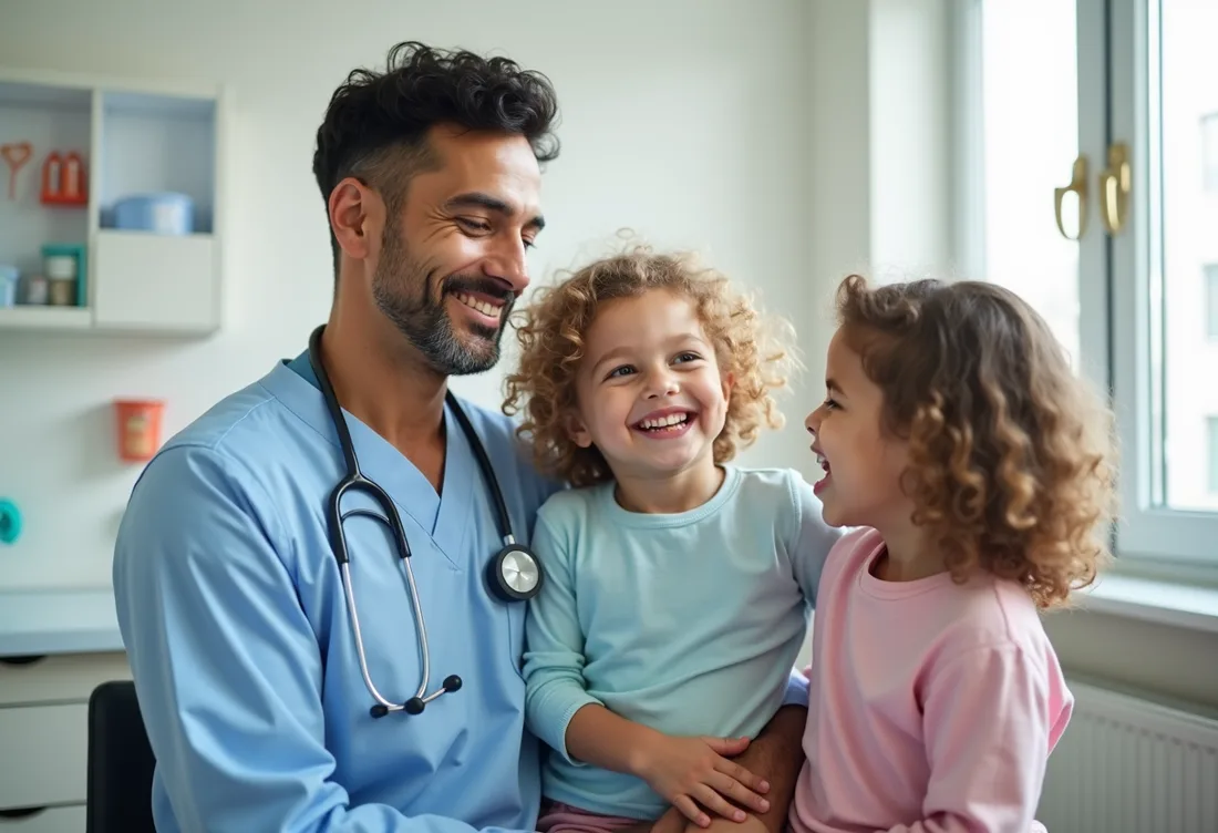 Pediatra atendiendo a dos niños sonrientes en el consultorio