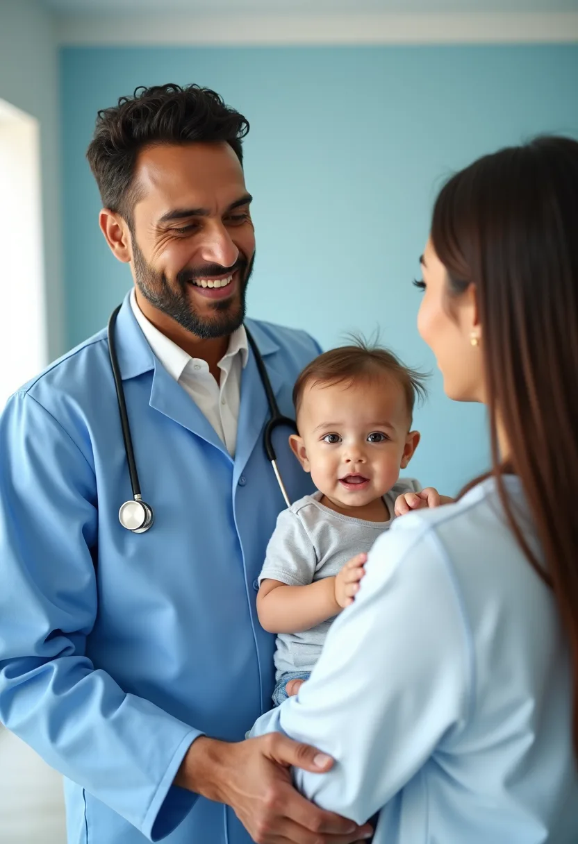 Pediatra conversando con una mamá que carga a su bebé en el consultorio