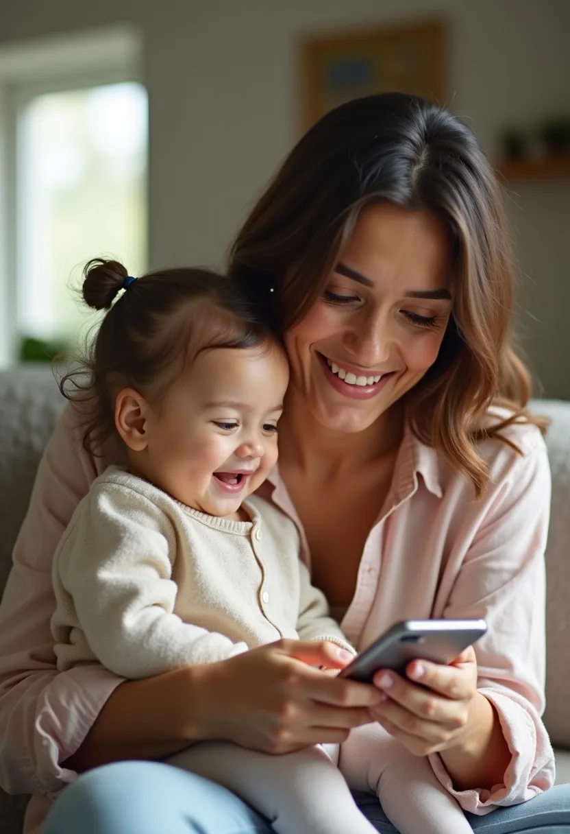 Mamá con su hija pequeña agendando una cita desde el celular