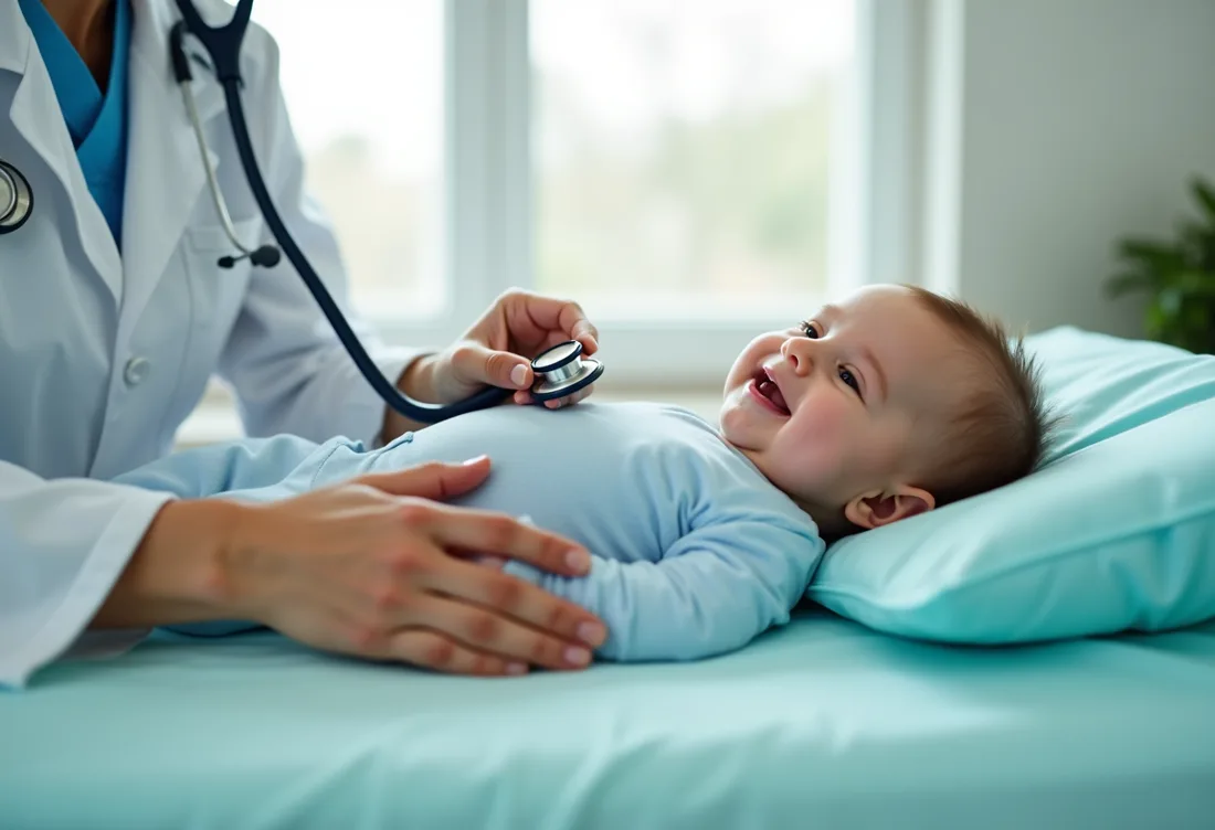 Pediatra auscultando con estetoscopio a un bebé sonriente